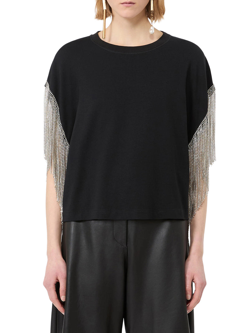 Sportmax Women Boxy T-Shirt In Cotton With Rhinestone Fringes SPORTMAX