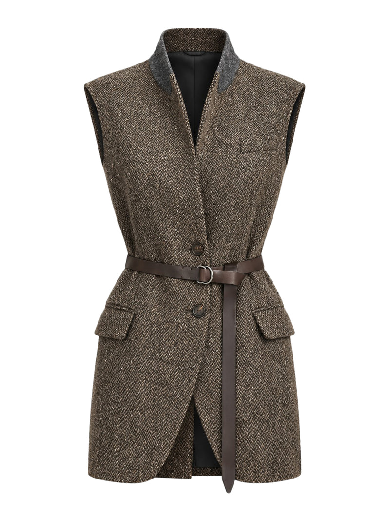Brunello Cucinelli Women Sparkling Virgin Wool Chevron Vest With Leather And Monile Belt BRUNELLO CUCINELLI