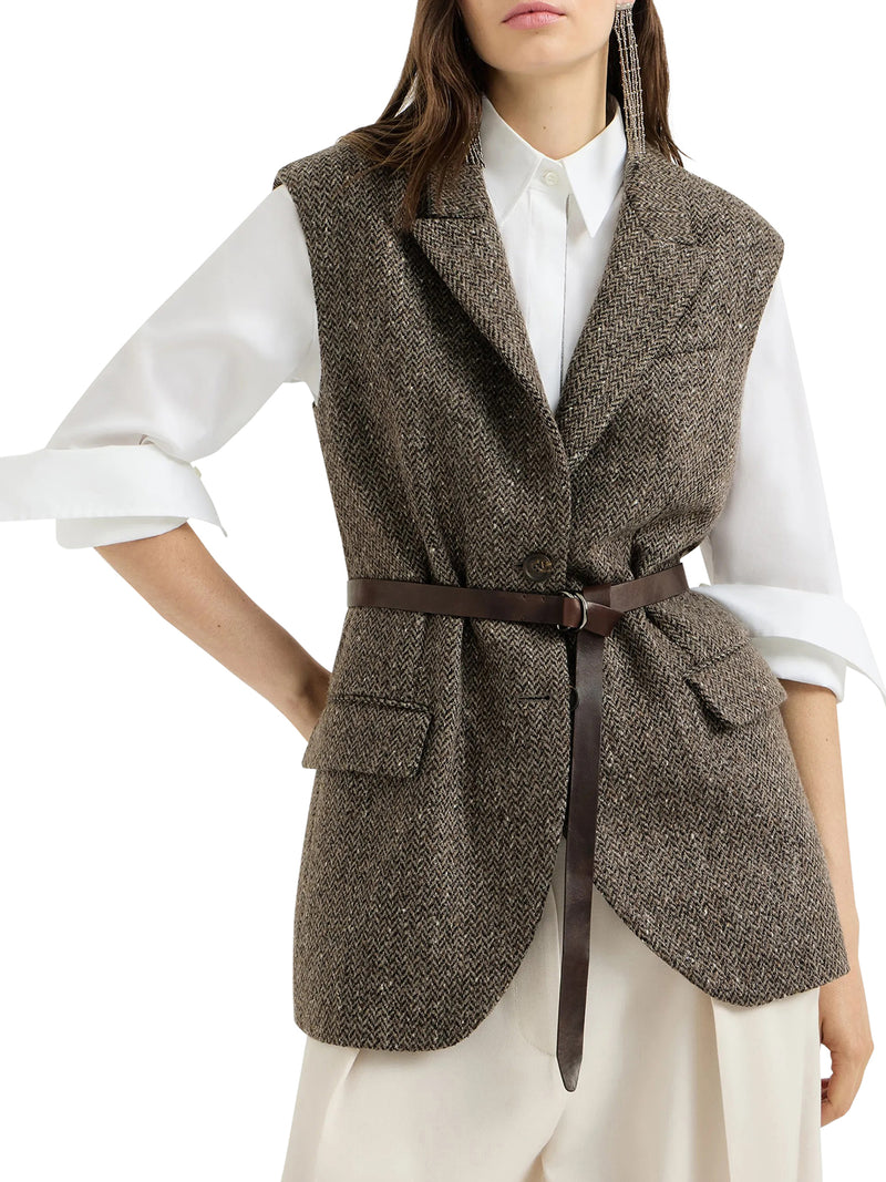 Brunello Cucinelli Women Sparkling Virgin Wool Chevron Vest With Leather And Monile Belt BRUNELLO CUCINELLI