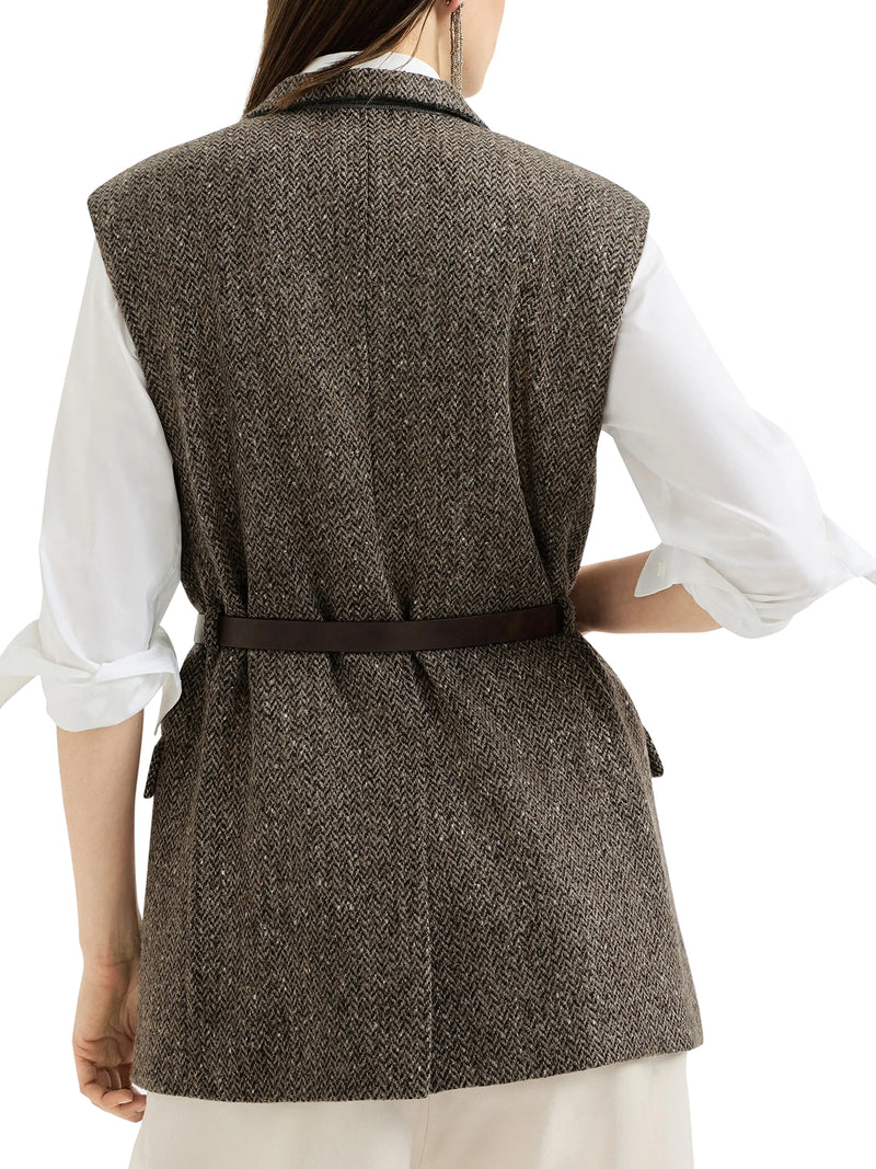 Brunello Cucinelli Women Sparkling Virgin Wool Chevron Vest With Leather And Monile Belt BRUNELLO CUCINELLI