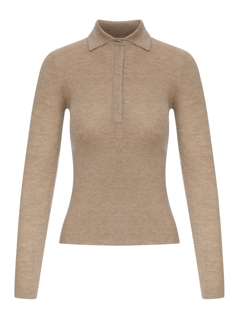 Max Mara Women Beige Ribbed Knit Polo Shirt MAX MARA