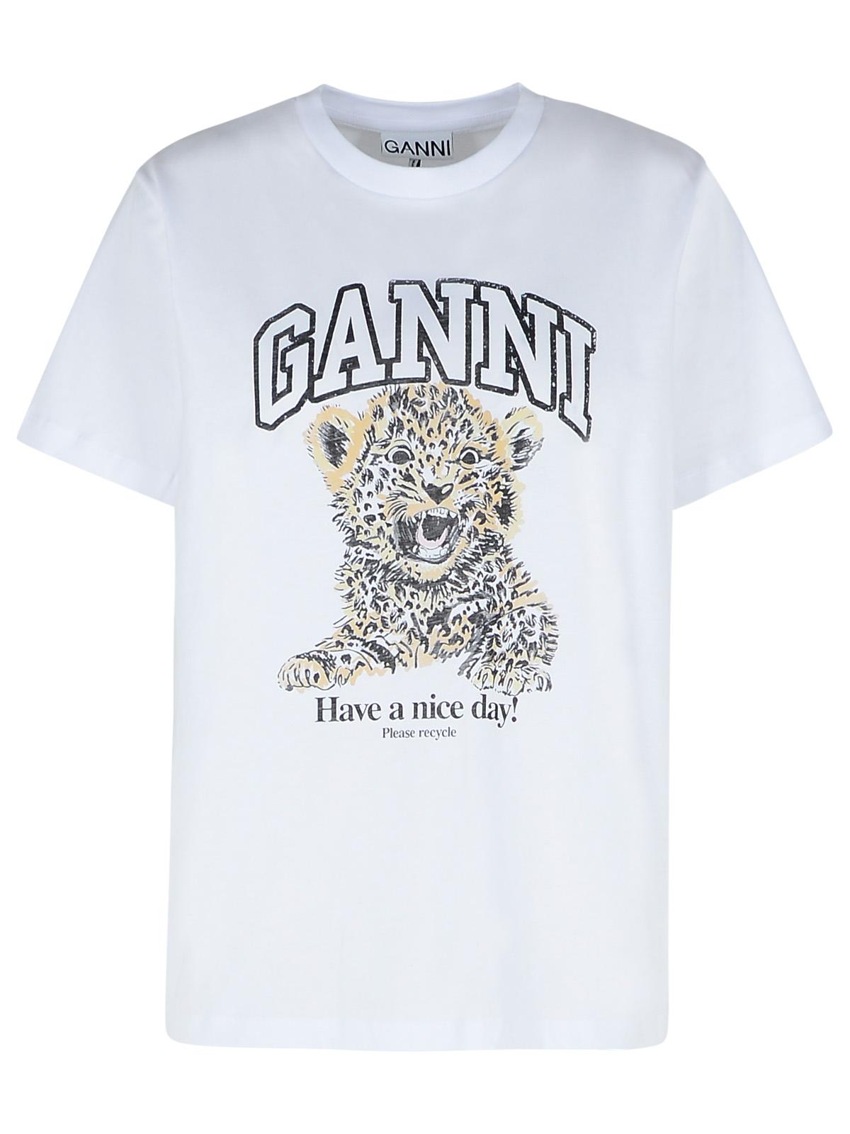 Ganni 'Leopard' White Cotton T-Shirt Women GANNI