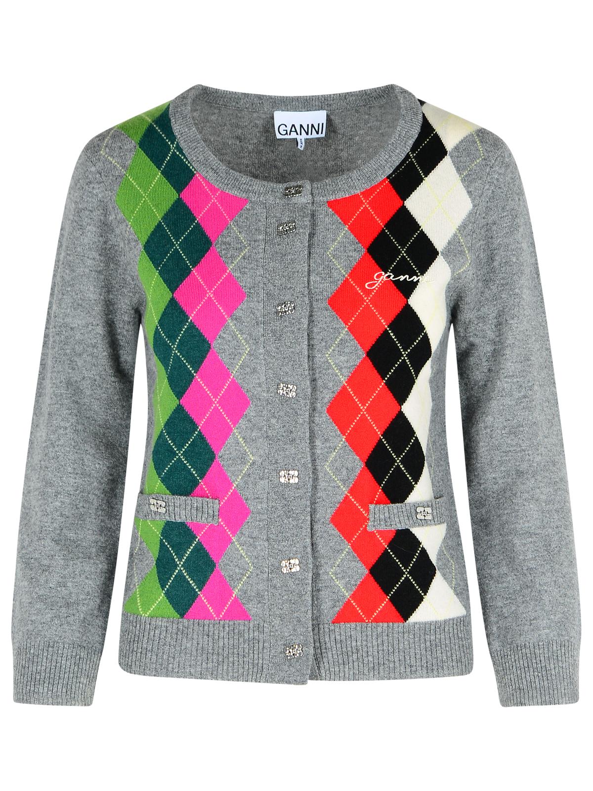 Ganni Grey Checked Cashmere Blend Cardigan Women GANNI