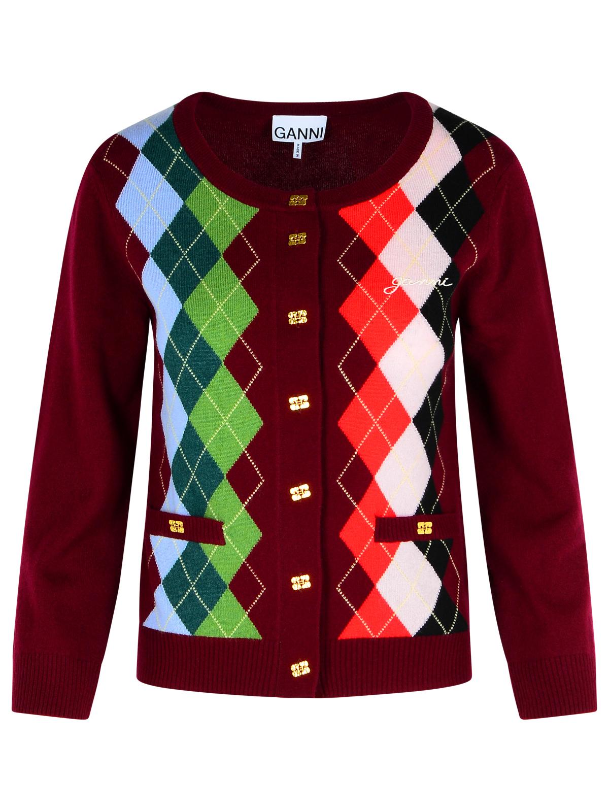 Ganni Burgundy Merino Wool Blend Check Cardigan Women GANNI