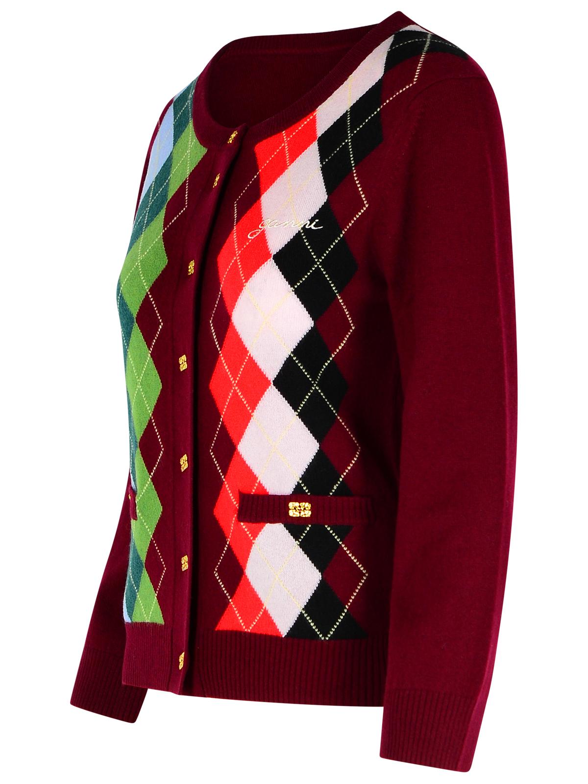 Ganni Burgundy Merino Wool Blend Check Cardigan Women GANNI