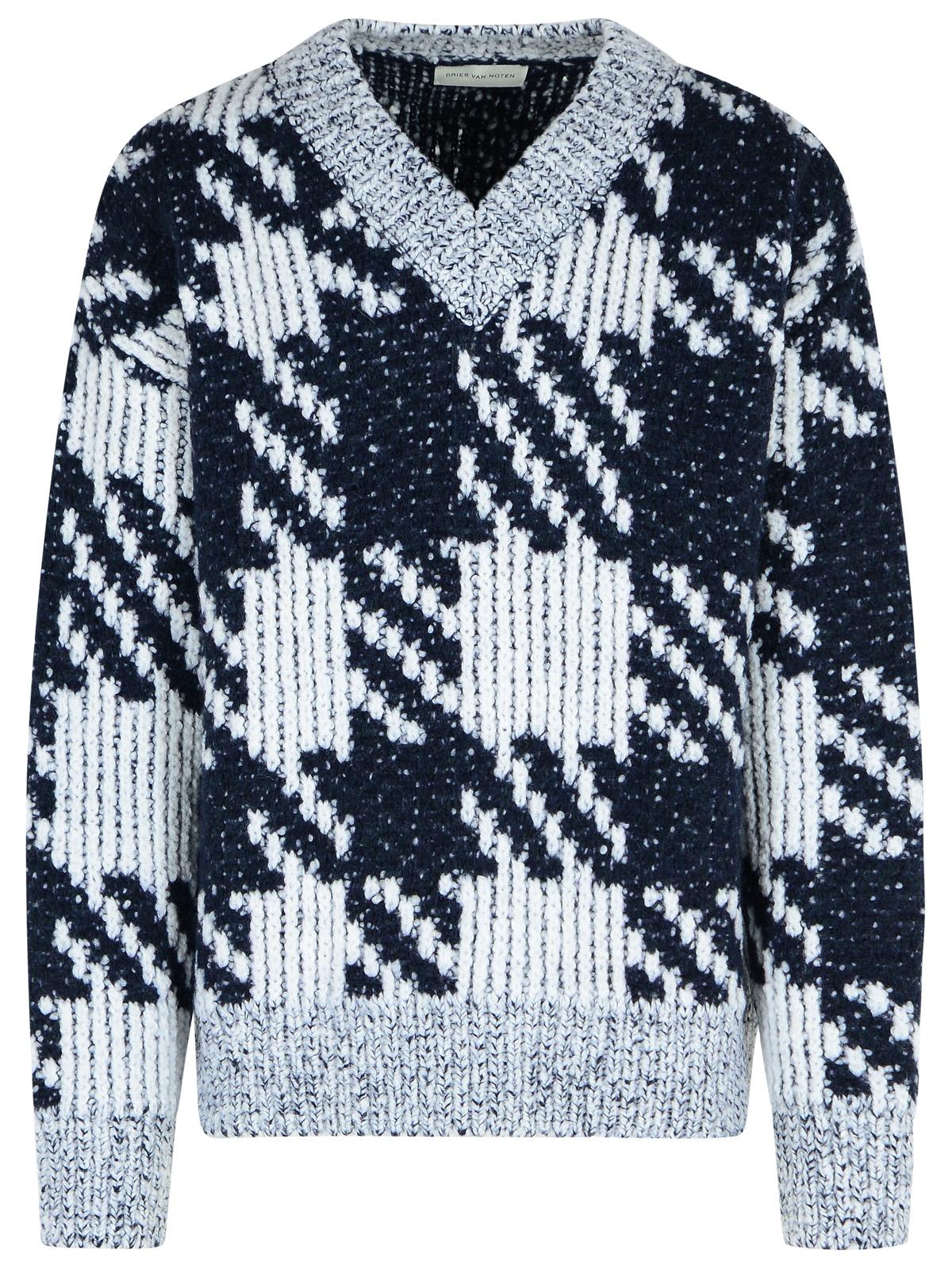 Dries Van Noten White And Navy 'Macao' Wool And Alpaca Sweater Men DRIES VAN NOTEN