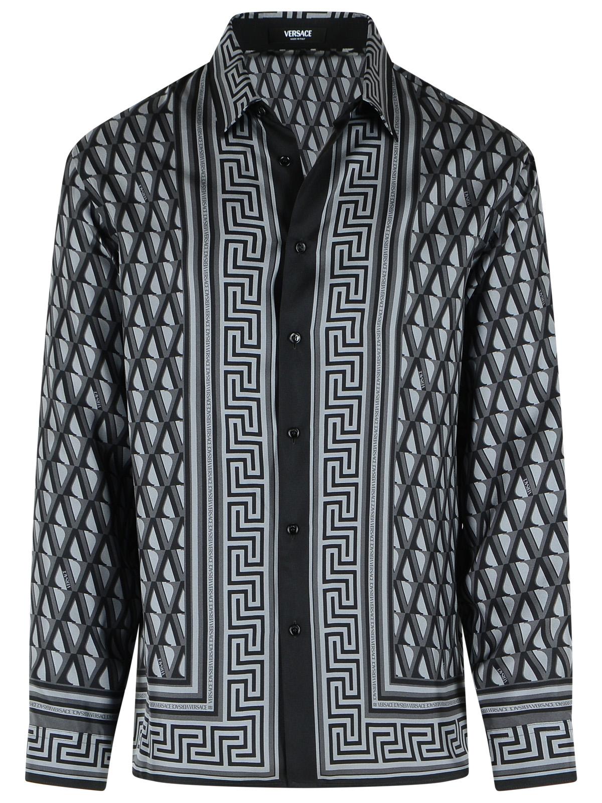 Versace Slim Shirt In Black And Gray Printed Silk Twill Men VERSACE