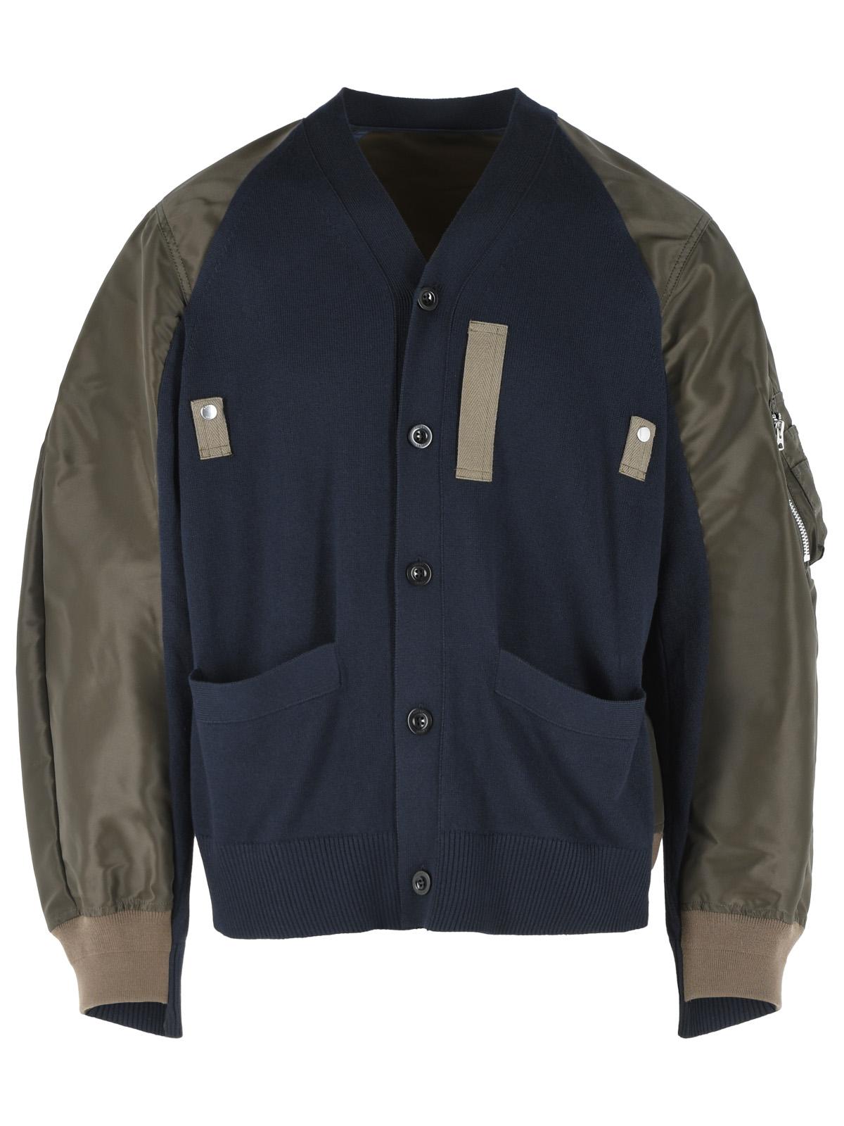 Sacai Cardigan In Navy Cotton And Khaki Blend Men SACAI