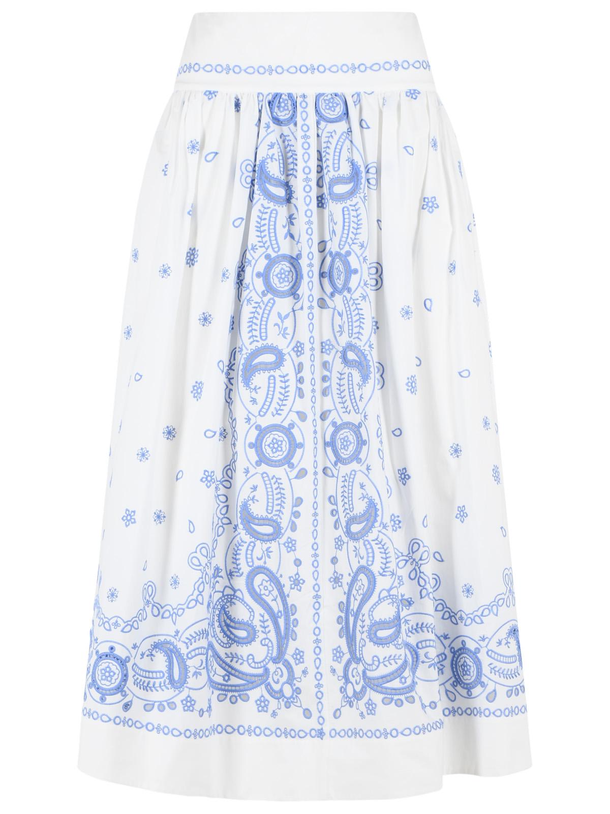 Self Portrait Embroidered Midi Skirt In White And Blue Cotton Women SELF-PORTRAIT