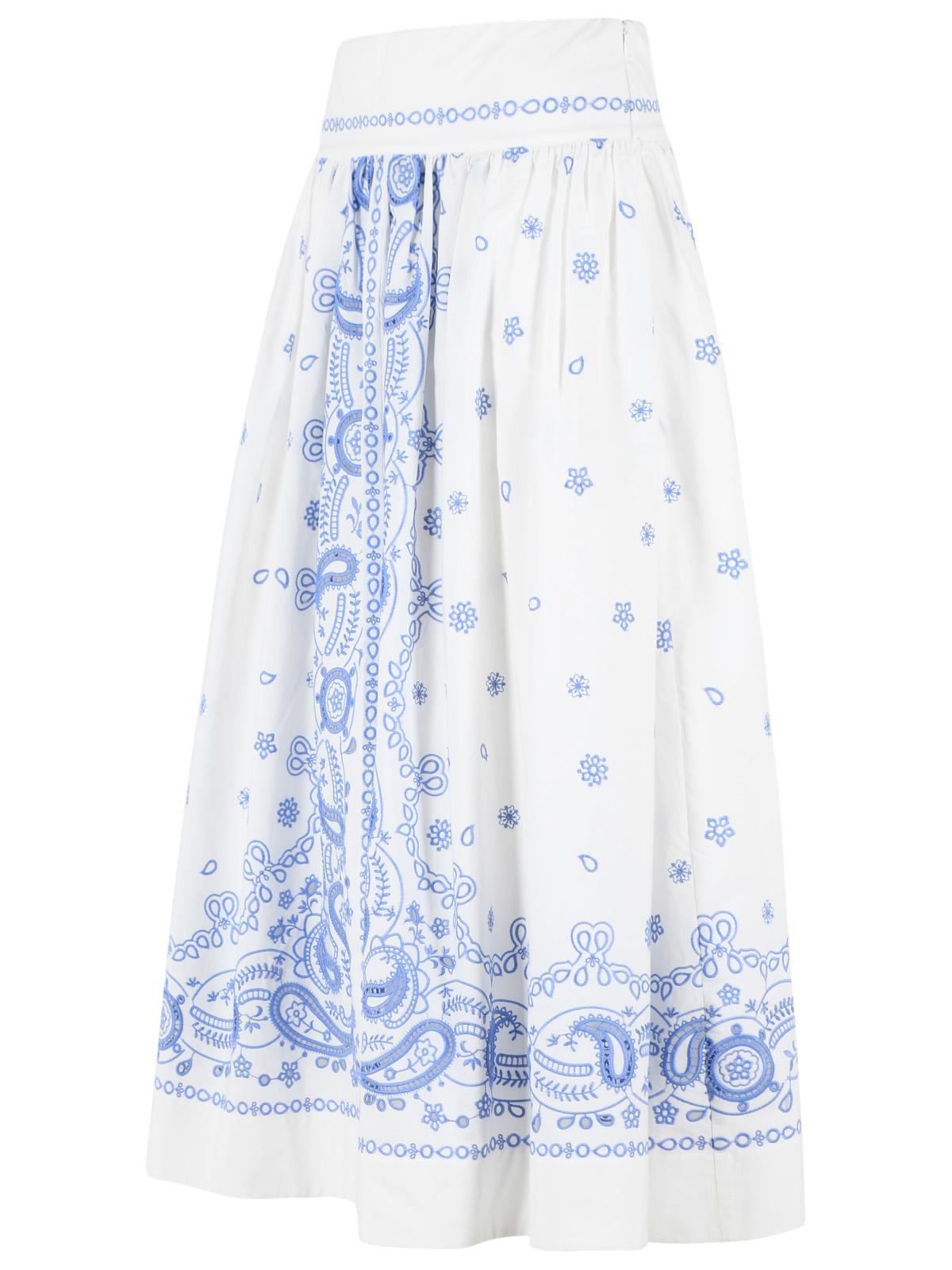 Self Portrait Embroidered Midi Skirt In White And Blue Cotton Women SELF-PORTRAIT