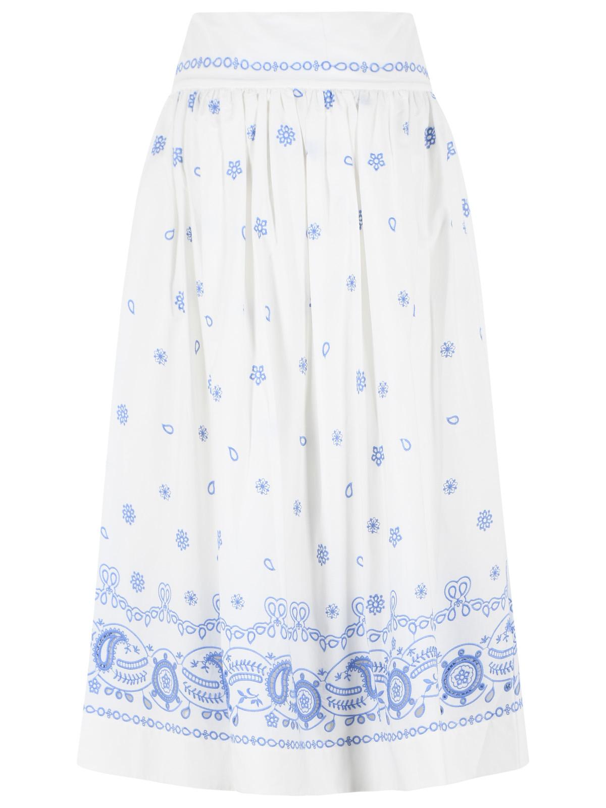Self Portrait Embroidered Midi Skirt In White And Blue Cotton Women SELF-PORTRAIT