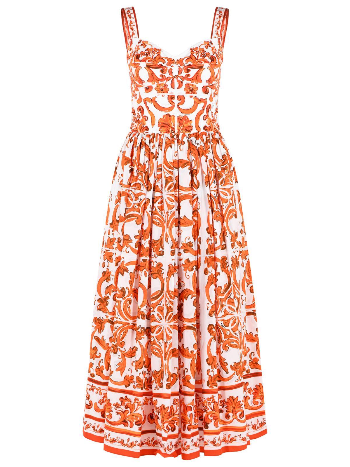 Dolce & Gabbana 'Maiolica' White And Orange Cotton Maxi Dress Women DOLCE & GABBANA