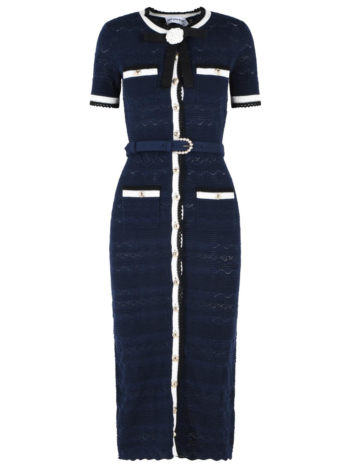 Self Portrait Navy Cotton Blend Openwork Knit Midi Dress Women SELF-PORTRAIT