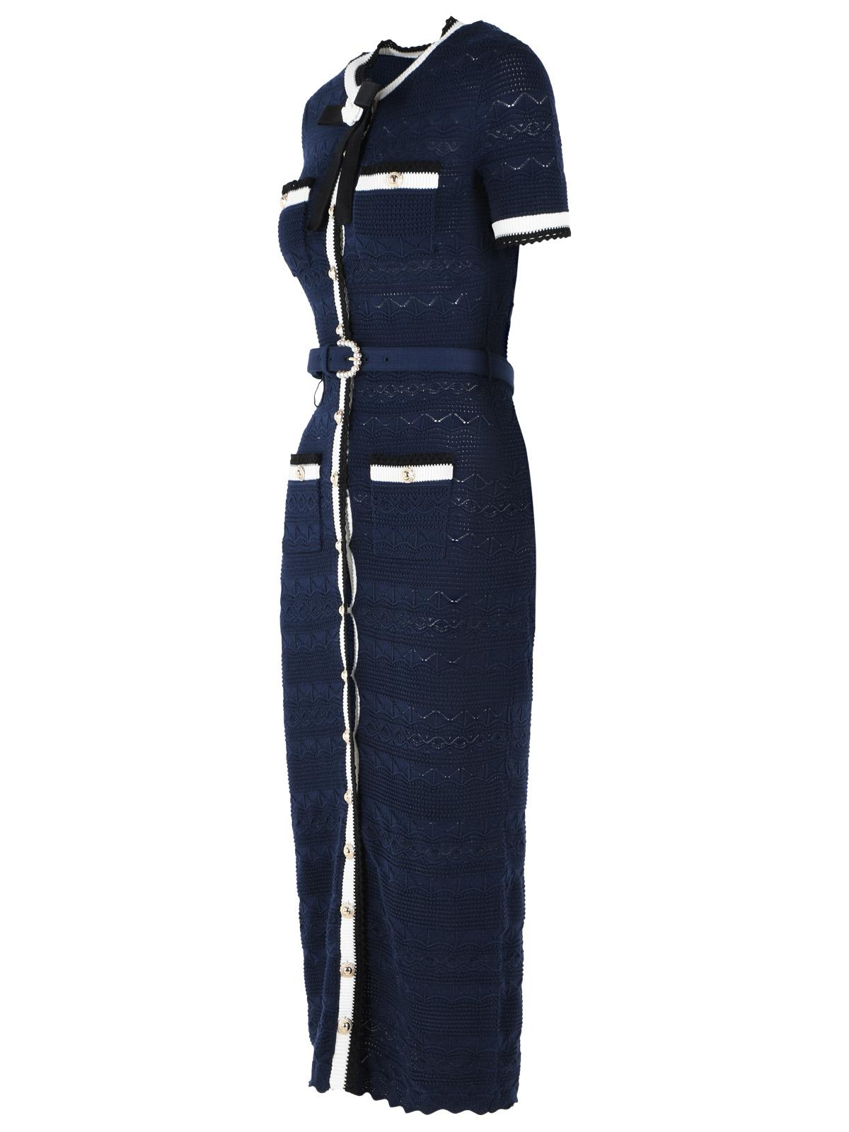 Self Portrait Navy Cotton Blend Openwork Knit Midi Dress Women SELF-PORTRAIT