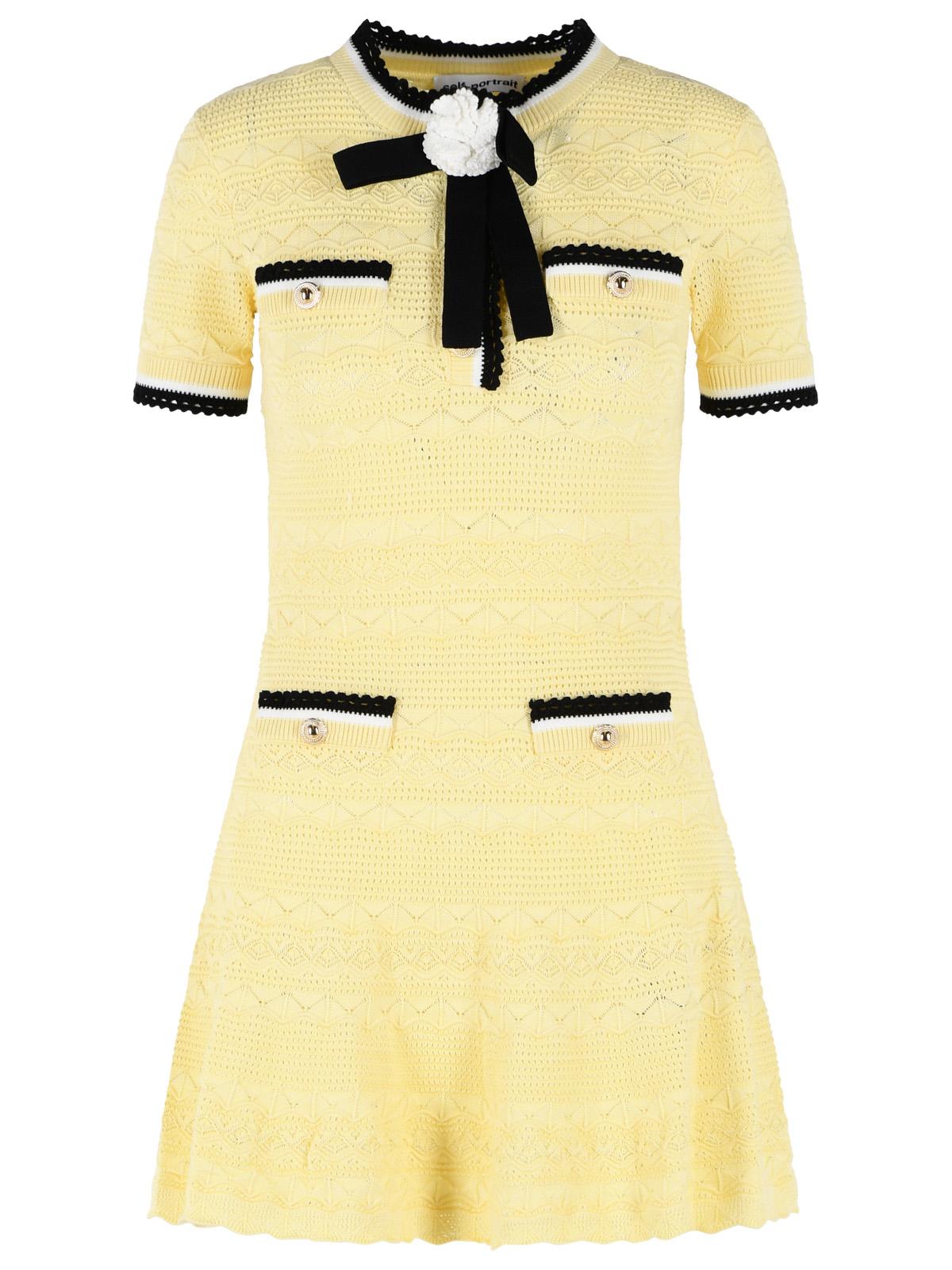 Self Portrait Yellow Cotton Blend Openwork Knit Mini Dress Women SELF-PORTRAIT