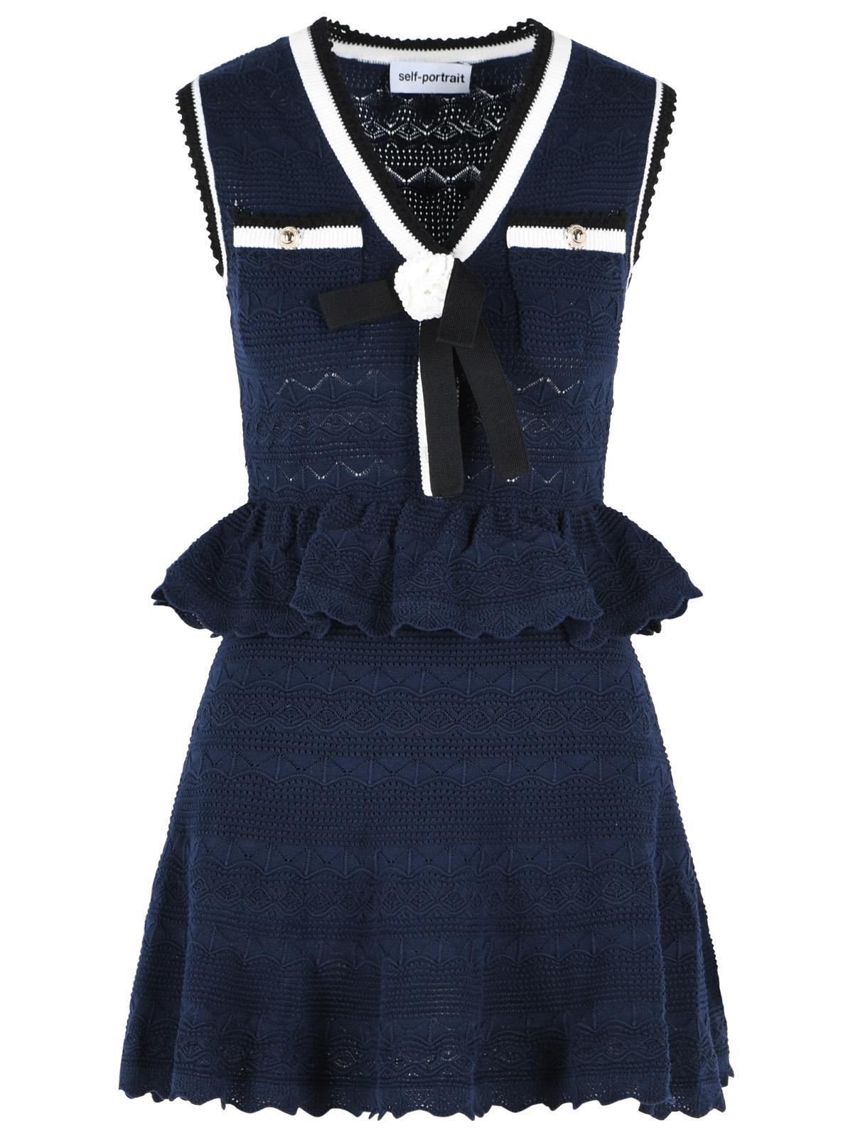 Self Portrait Navy Cotton Blend Openwork Knit Mini Dress Women SELF-PORTRAIT