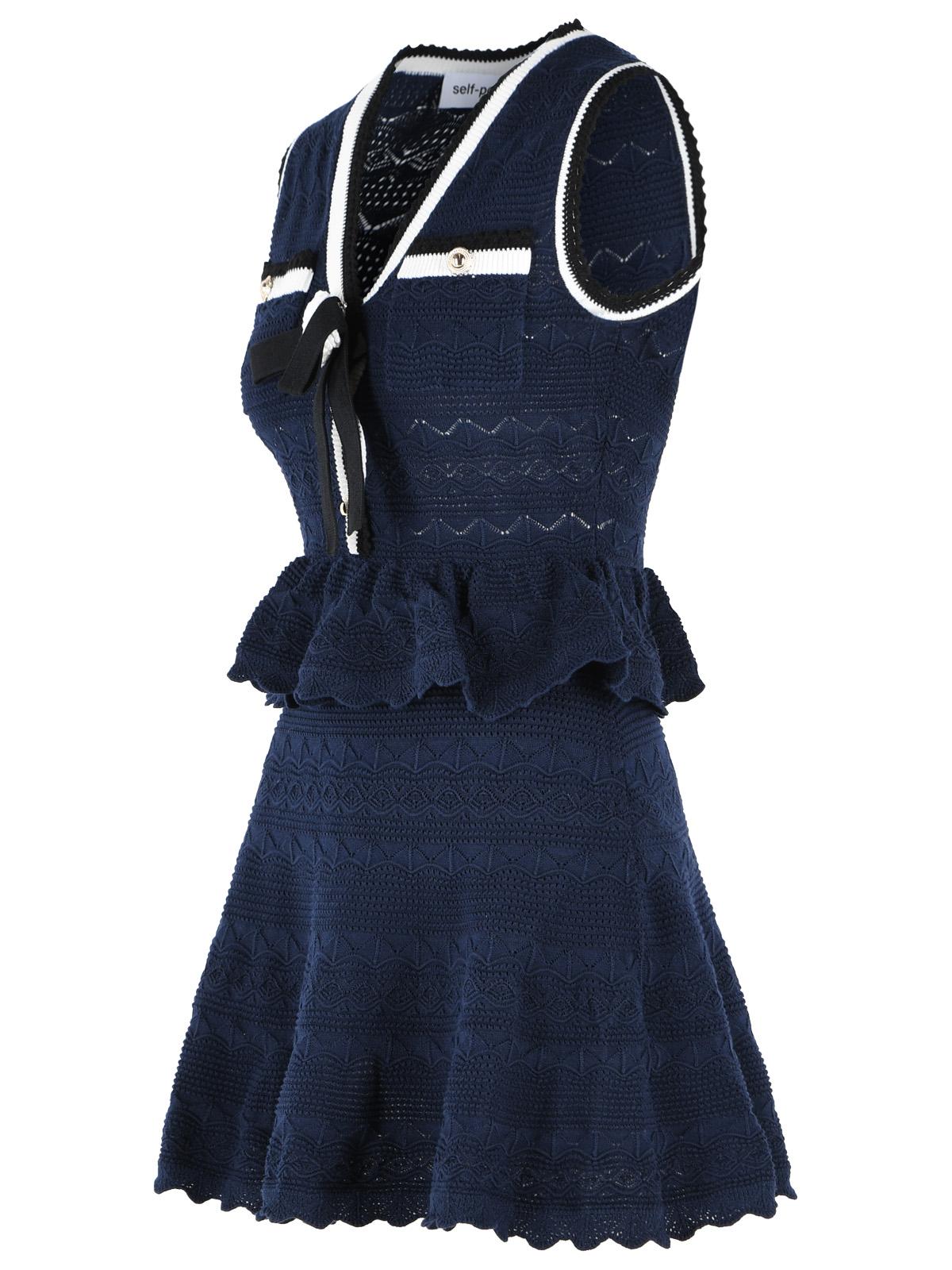 Self Portrait Navy Cotton Blend Openwork Knit Mini Dress Women SELF-PORTRAIT