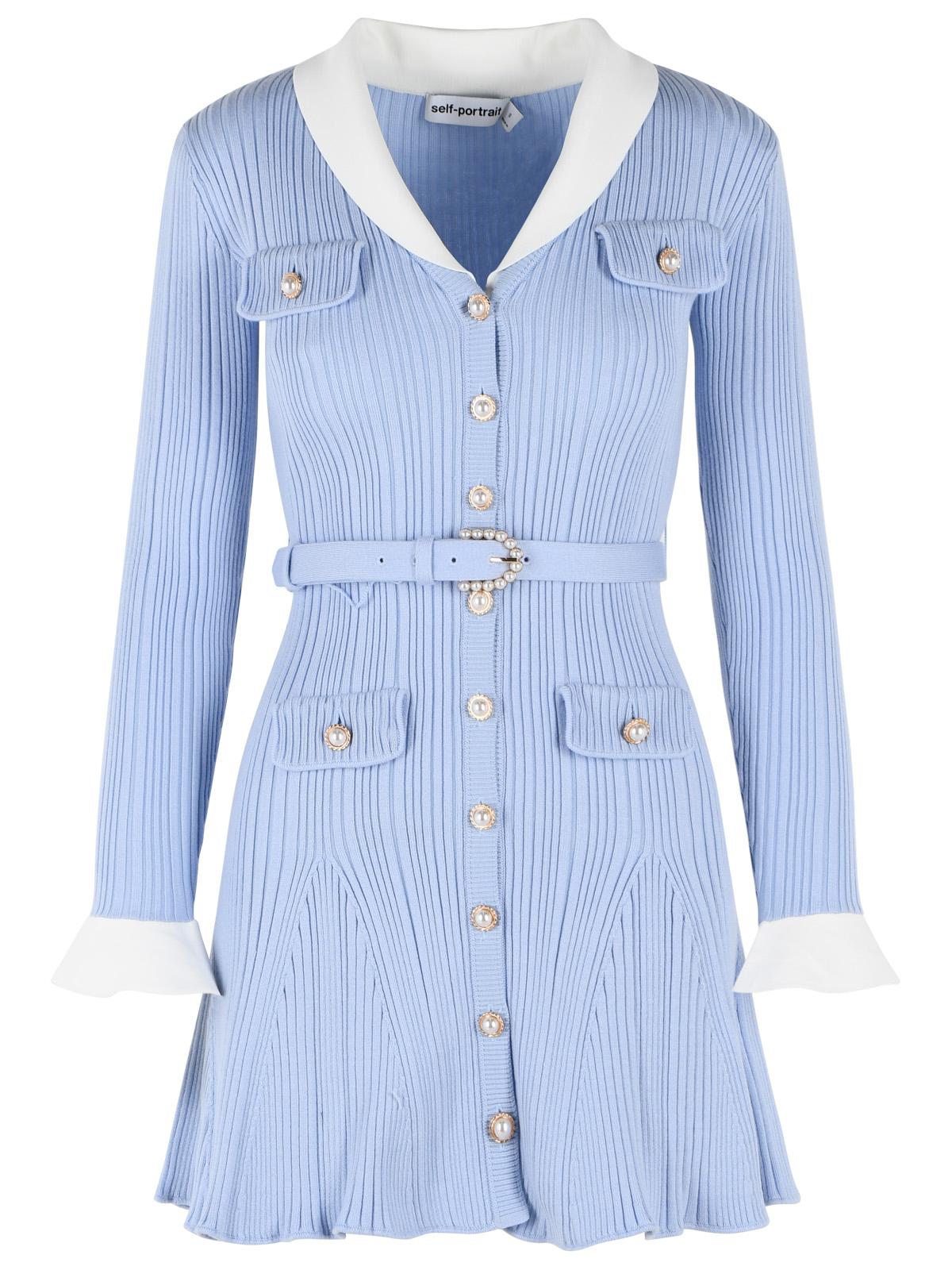 Self Portrait Ribbed Mini Dress In Light Blue Viscose Blend Women SELF-PORTRAIT