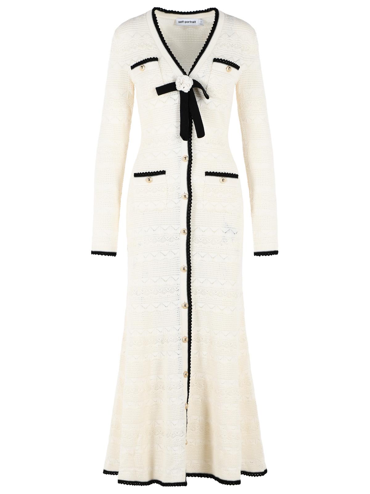 Self Portrait Long Cardigan In White Cotton Blend Openwork Knit Women SELF-PORTRAIT