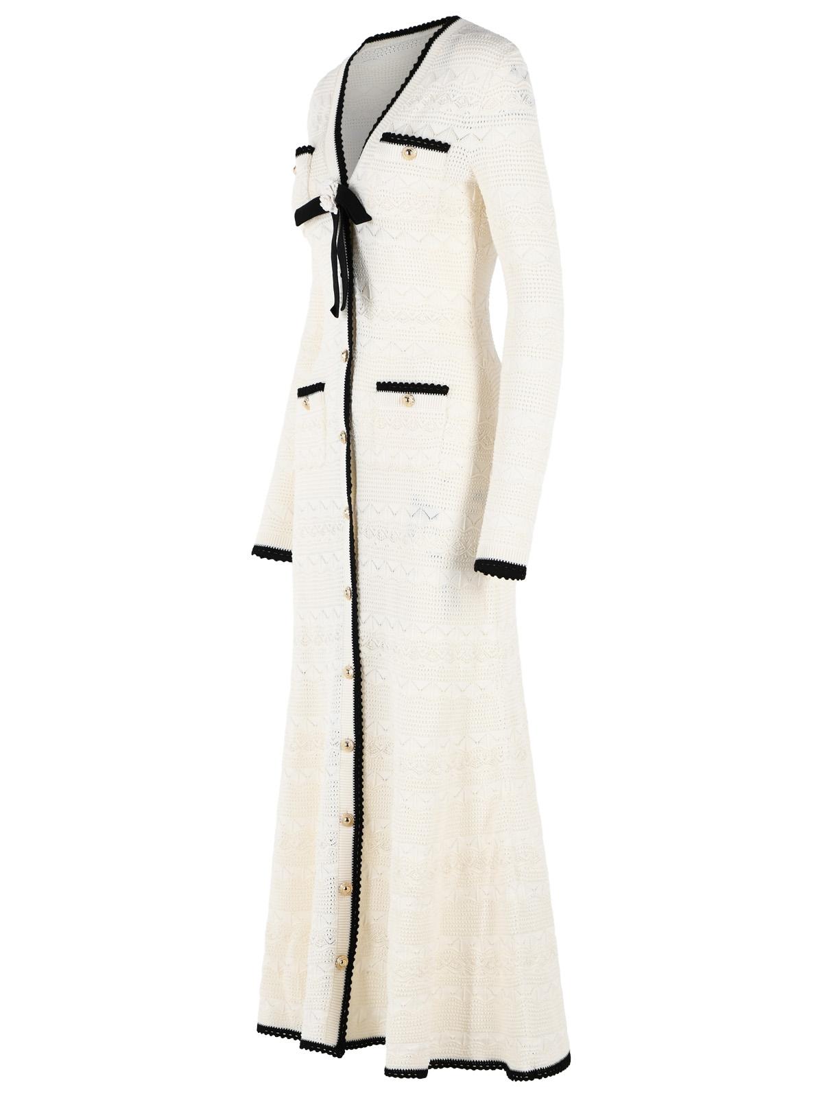 Self Portrait Long Cardigan In White Cotton Blend Openwork Knit Women SELF-PORTRAIT