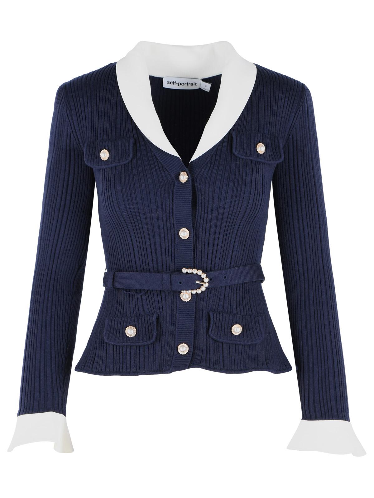 Self Portrait Ribbed Cardigan In Navy Viscose Blend Women SELF-PORTRAIT