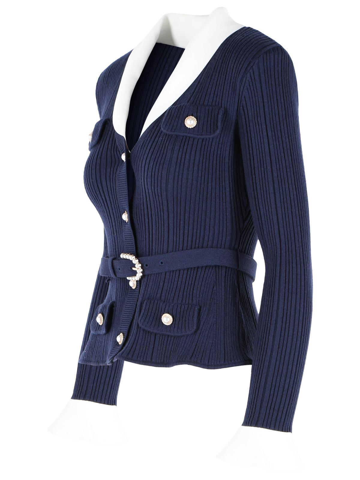 Self Portrait Ribbed Cardigan In Navy Viscose Blend Women SELF-PORTRAIT
