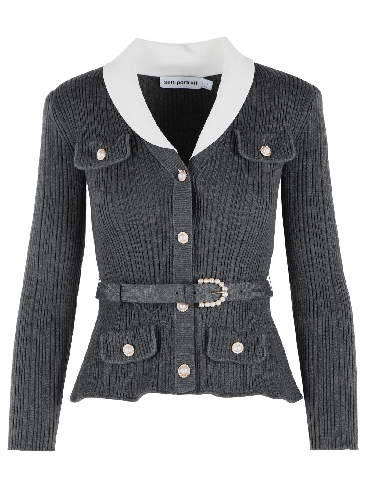 Self Portrait Ribbed Cardigan In Grey Viscose Blend Women SELF-PORTRAIT