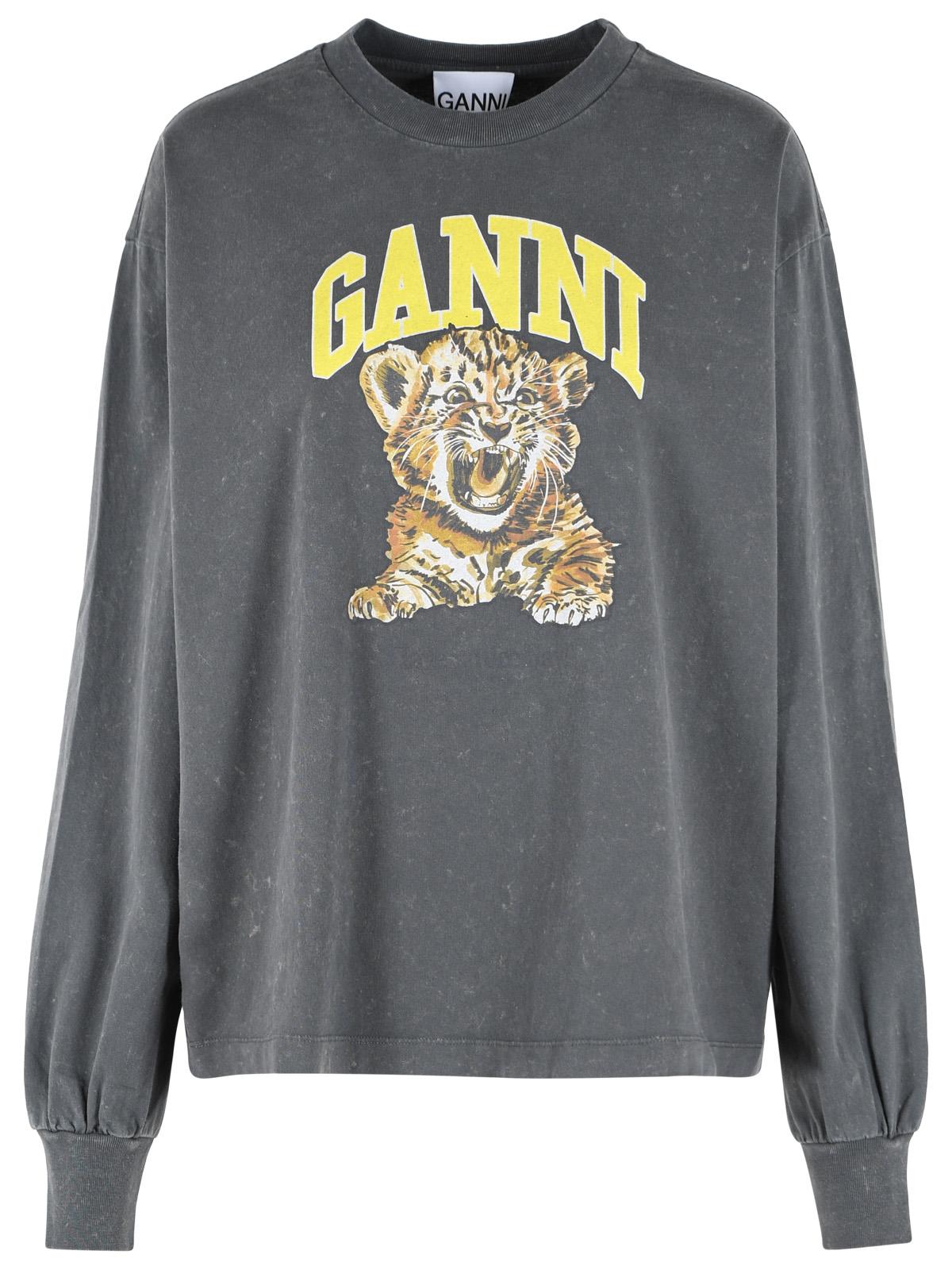 Ganni Grey Cotton Long-Sleeved T-Shirt Women GANNI