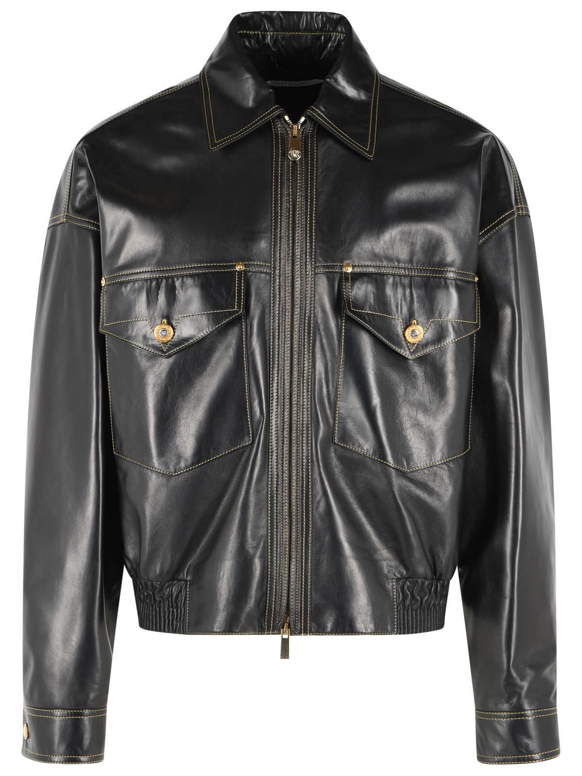 Versace Black Leather Jacket Men VERSACE