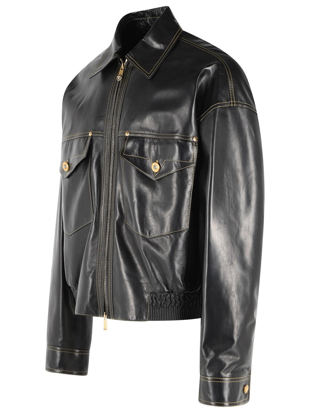 Versace Black Leather Jacket Men VERSACE