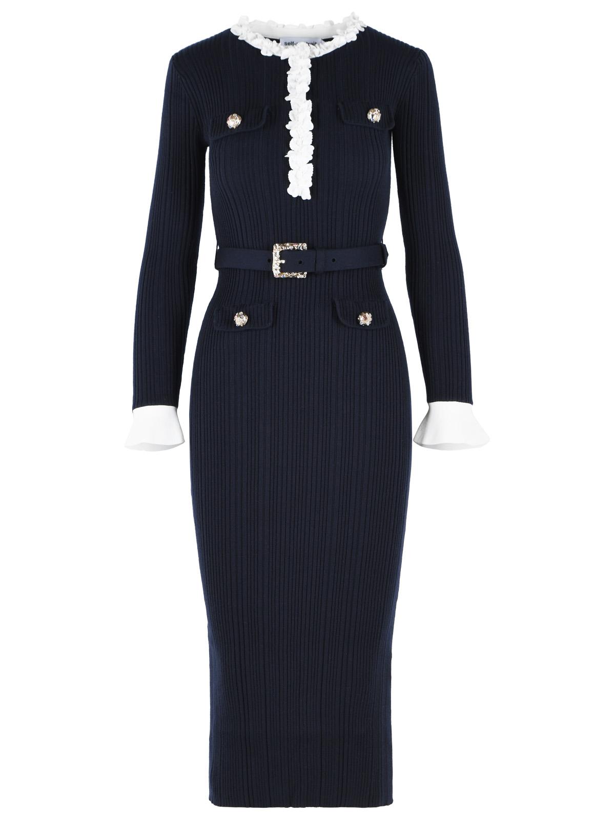 Self Portrait 'Flower' Midi Dress In Navy Wool Blend Women SELF-PORTRAIT