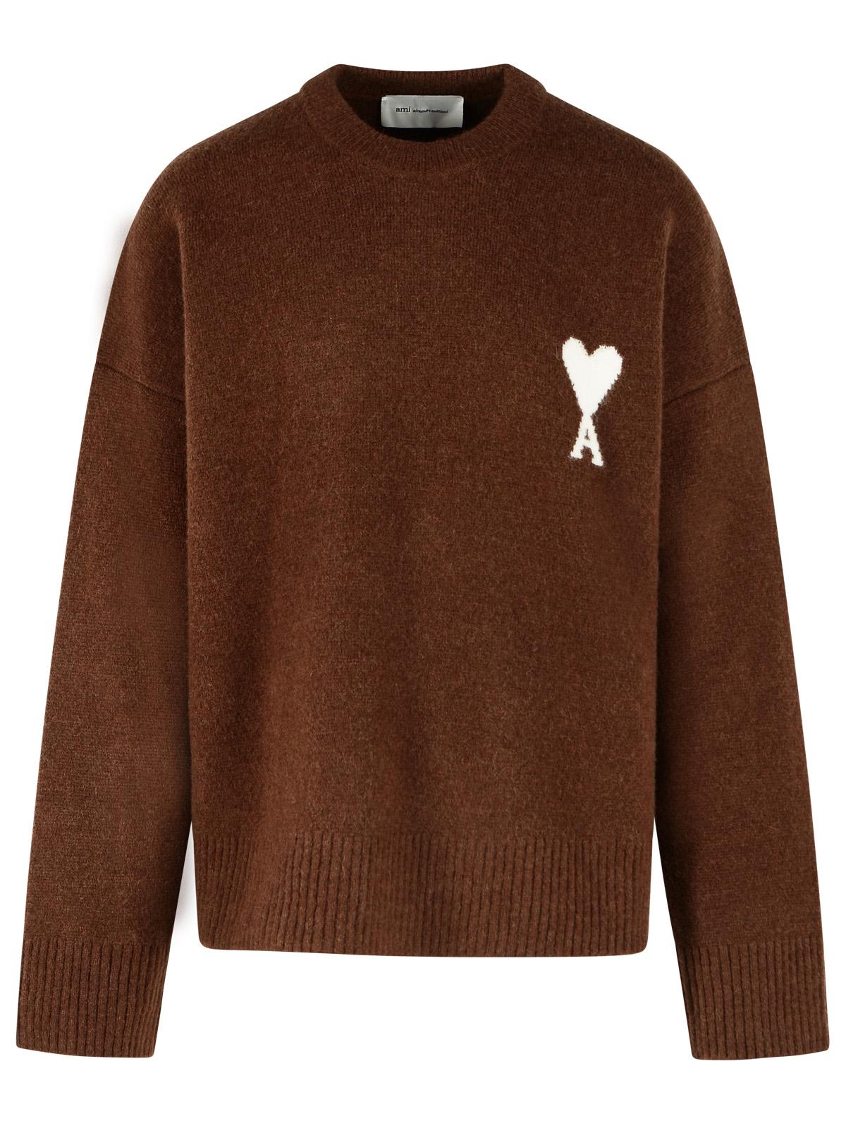 Ami Paris Ami De Cœur' Chocolate Brown Alpaca And Ecru Sweater Men AMI PARIS