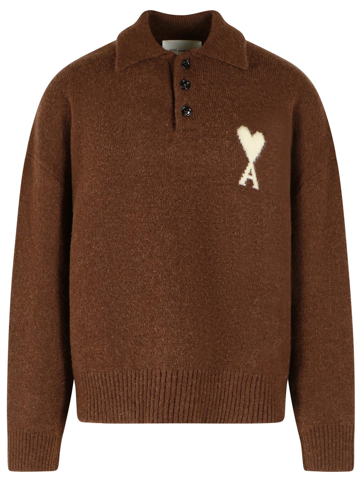 Ami Paris 'Ami De Cœur' Chocolate Brown Alpaca Polo Shirt Men.