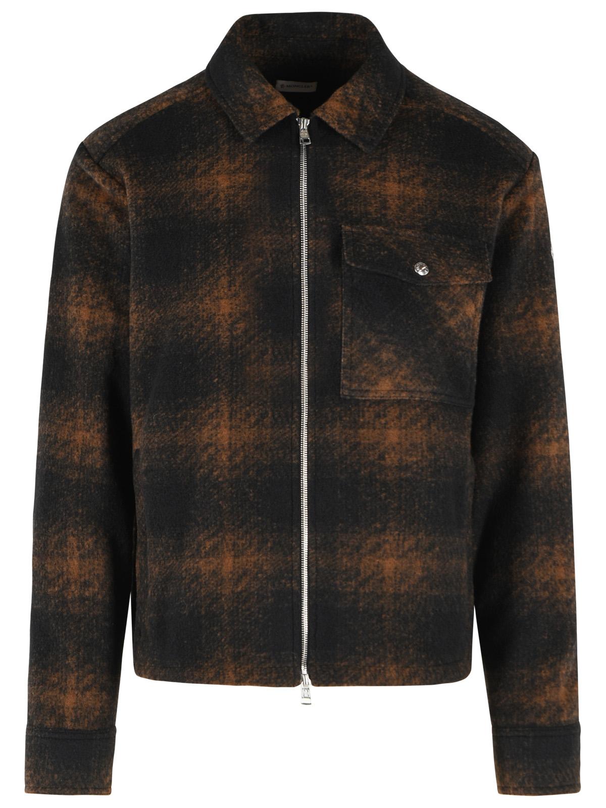 Moncler Brown And Black Check Wool Blend Jersey Zip Shirt Men MONCLER