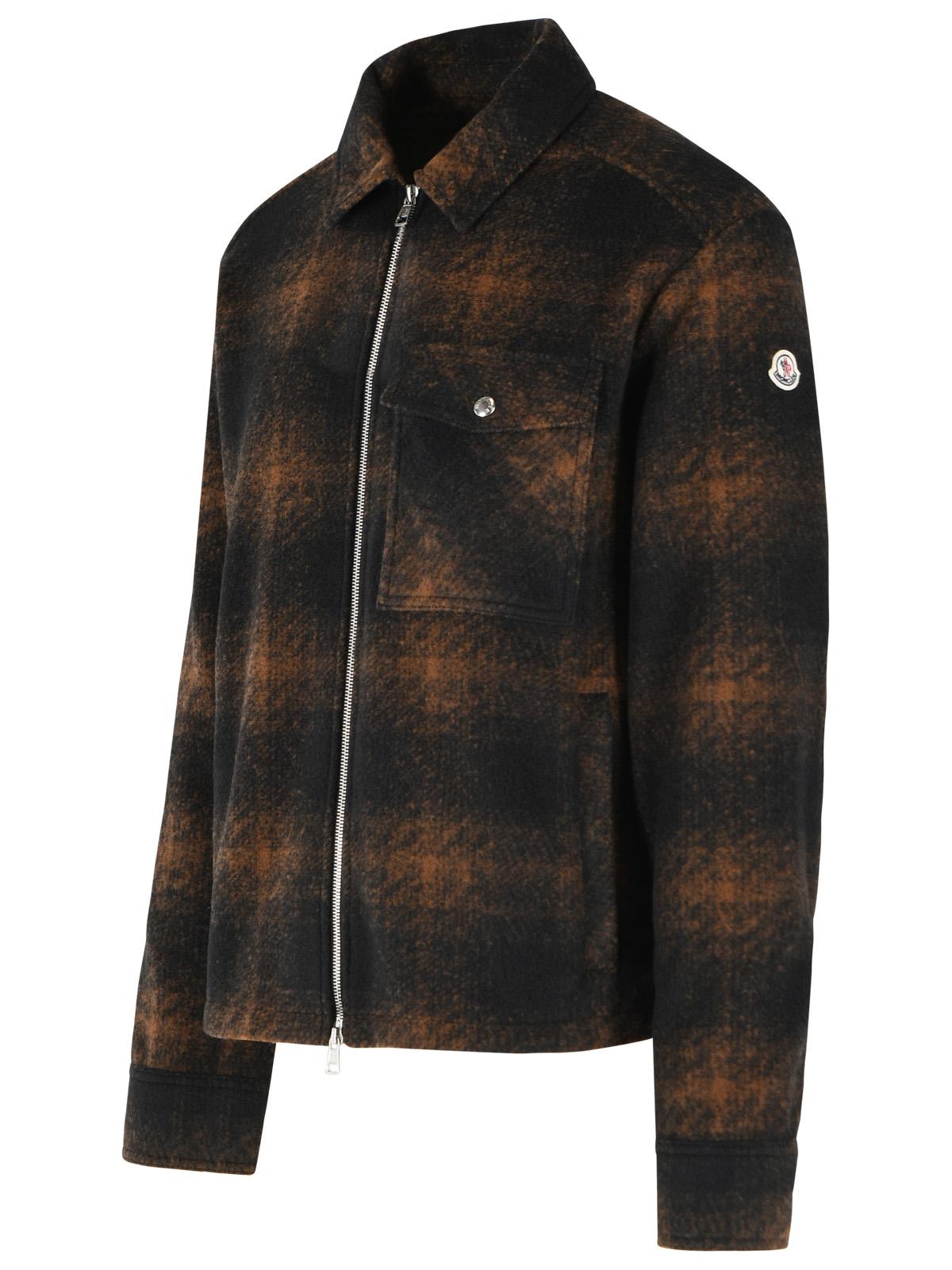 Moncler Brown And Black Check Wool Blend Jersey Zip Shirt Men MONCLER