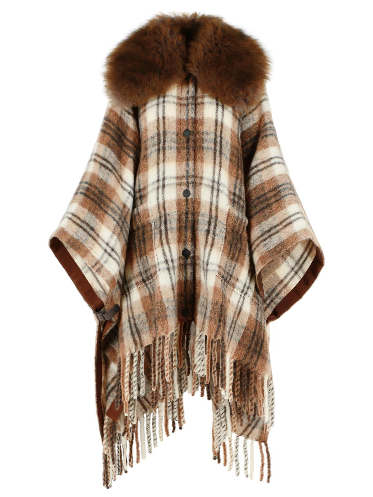 Moncler Grenoble Wool Blend Cape With Brown And White Shearling, Mohair And Alpaca Collar Women MONCLER GRENOBLE