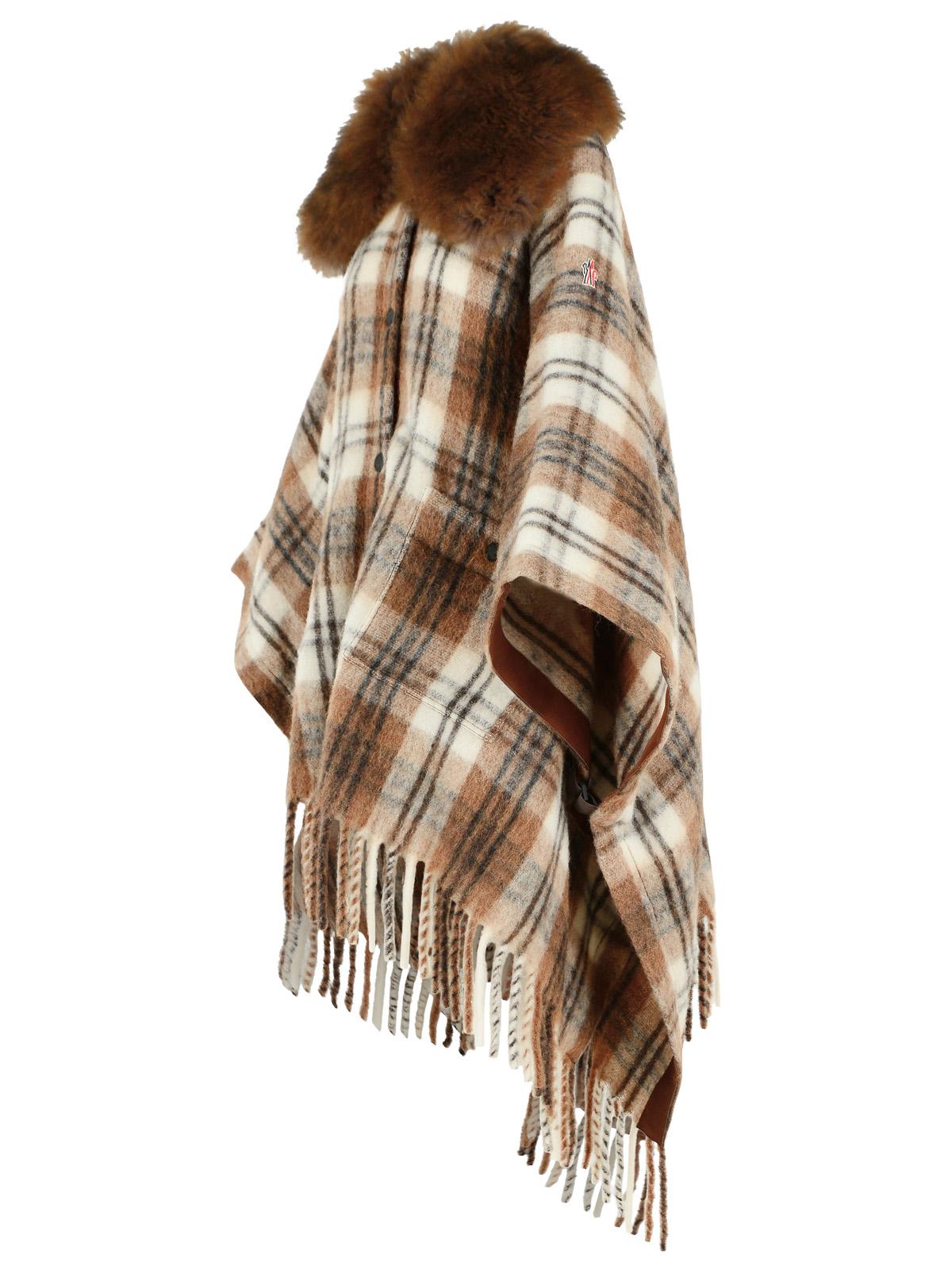 Moncler Grenoble Wool Blend Cape With Brown And White Shearling, Mohair And Alpaca Collar Women MONCLER GRENOBLE