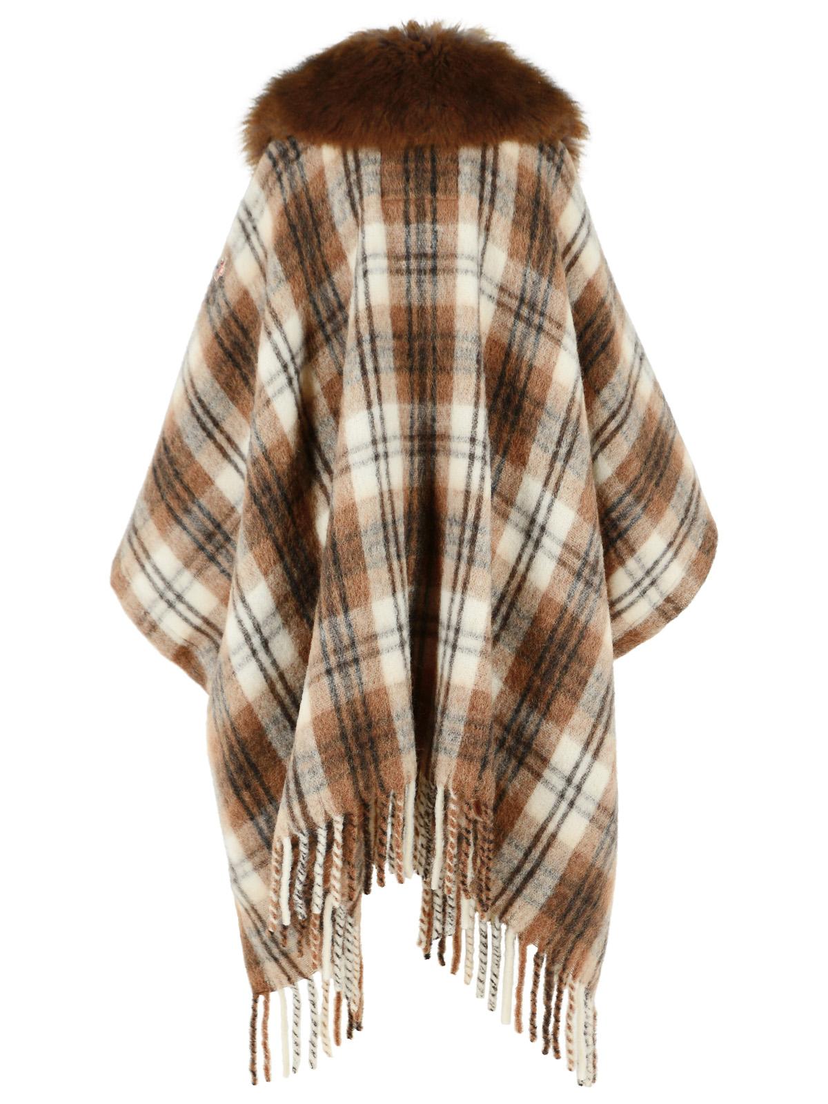 Moncler Grenoble Wool Blend Cape With Brown And White Shearling, Mohair And Alpaca Collar Women MONCLER GRENOBLE