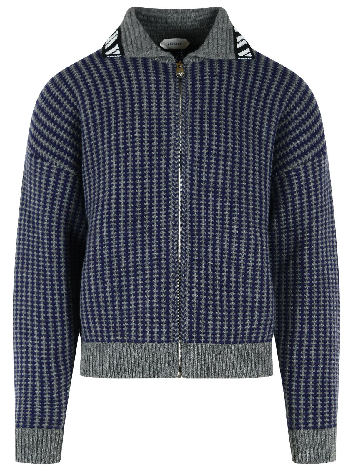 Versace Blue And Grey Knit Zip Cardigan Men VERSACE