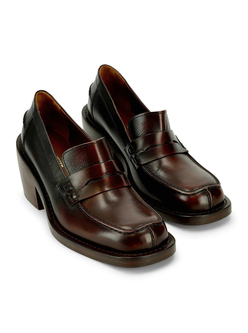 Dries Van Noten Women Leather Penny Loafers With A Square Toe, Rounded Block Heel, And Shaded Effect DRIES VAN NOTEN