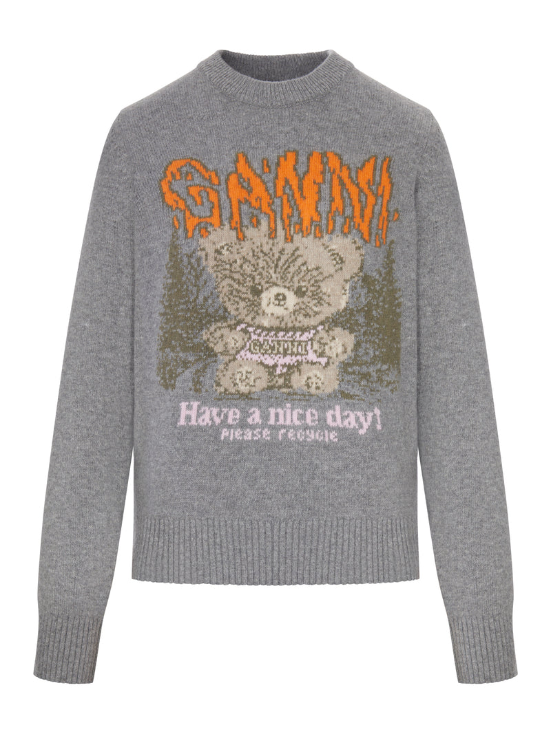 Ganni Women Crewneck Knit Sweater With Front Graphic Intarsia GANNI