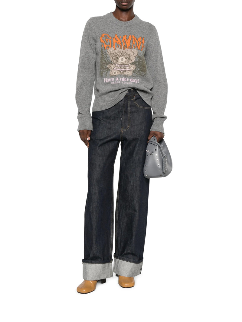 Ganni Women Crewneck Knit Sweater With Front Graphic Intarsia GANNI