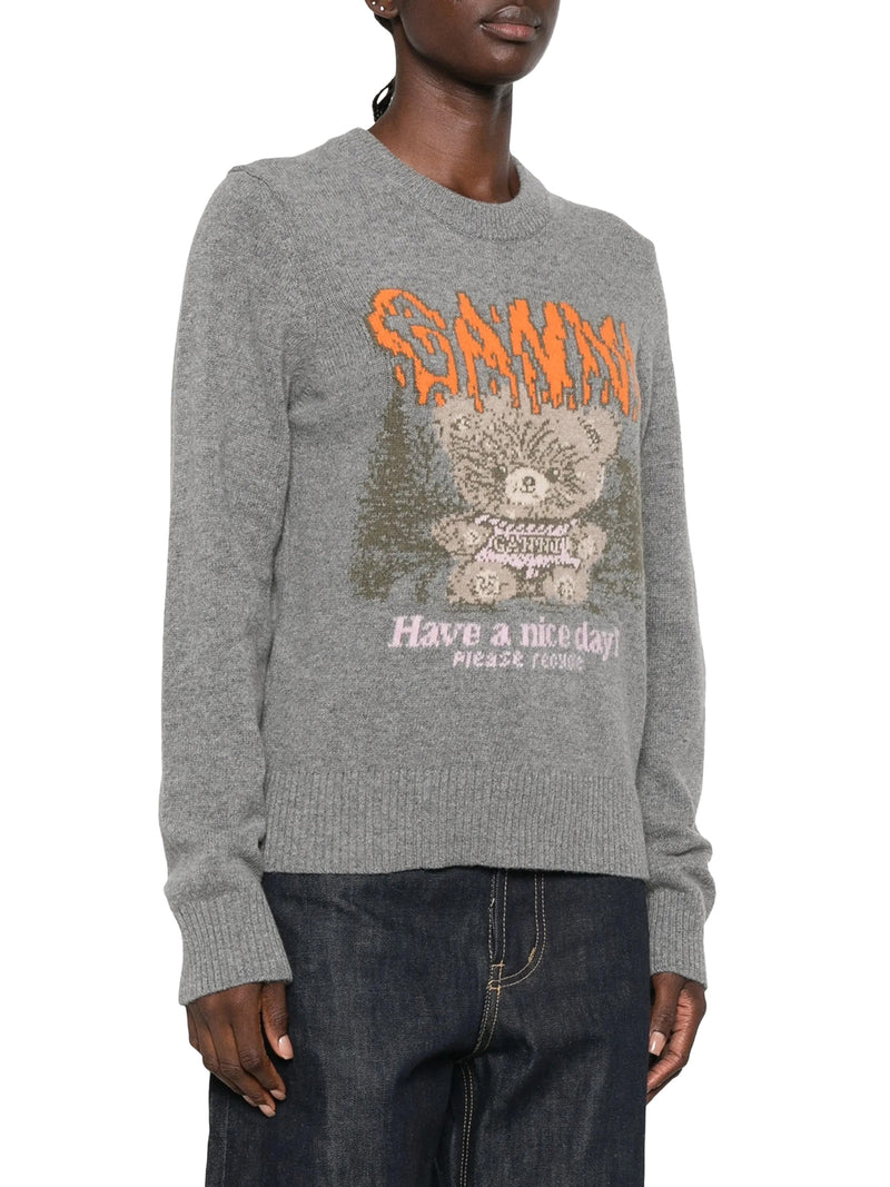 Ganni Women Crewneck Knit Sweater With Front Graphic Intarsia GANNI