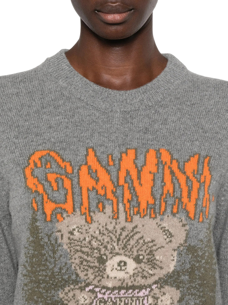Ganni Women Crewneck Knit Sweater With Front Graphic Intarsia GANNI
