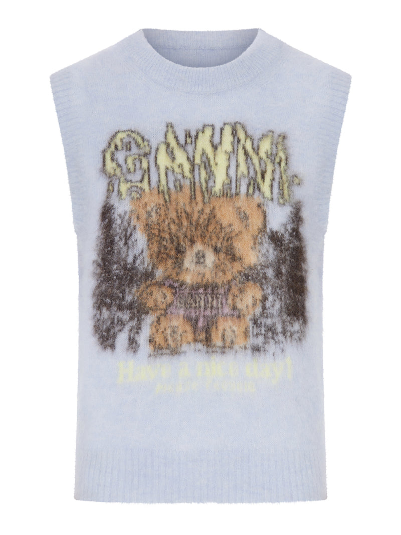 Ganni Women Crewneck Knitted Vest With Front Graphic Intarsia GANNI