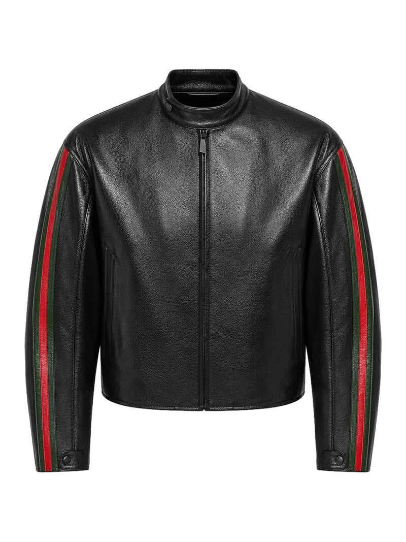 Gucci Men Leather Biker Jacket With Web Detail GUCCI