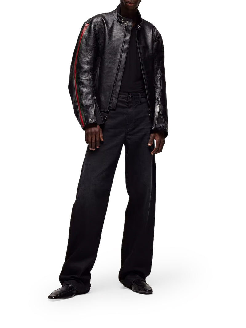 Gucci Men Leather Biker Jacket With Web Detail GUCCI