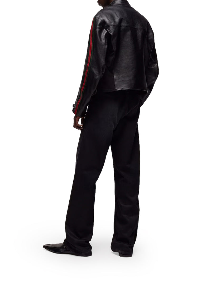 Gucci Men Leather Biker Jacket With Web Detail GUCCI