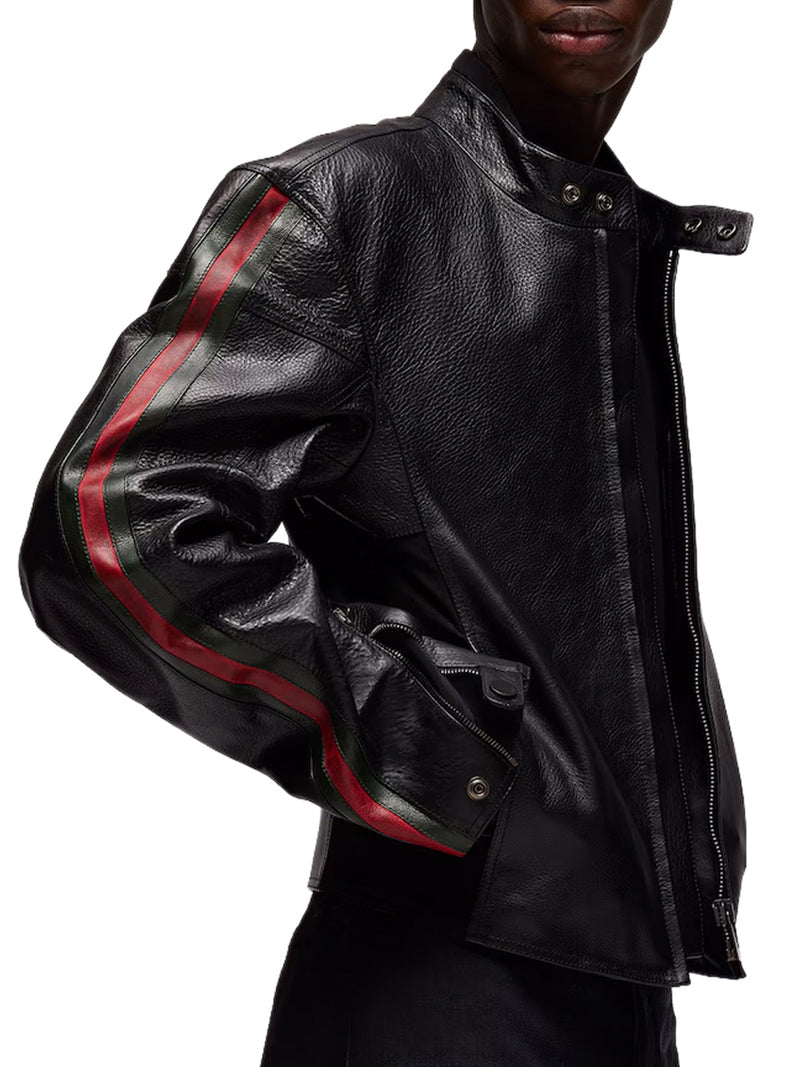 Gucci Men Leather Biker Jacket With Web Detail GUCCI