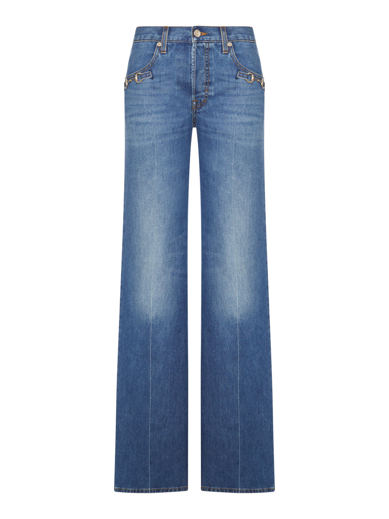 Gucci Women Cotton Denim Bootcut Trousers With Horsebit Detail GUCCI